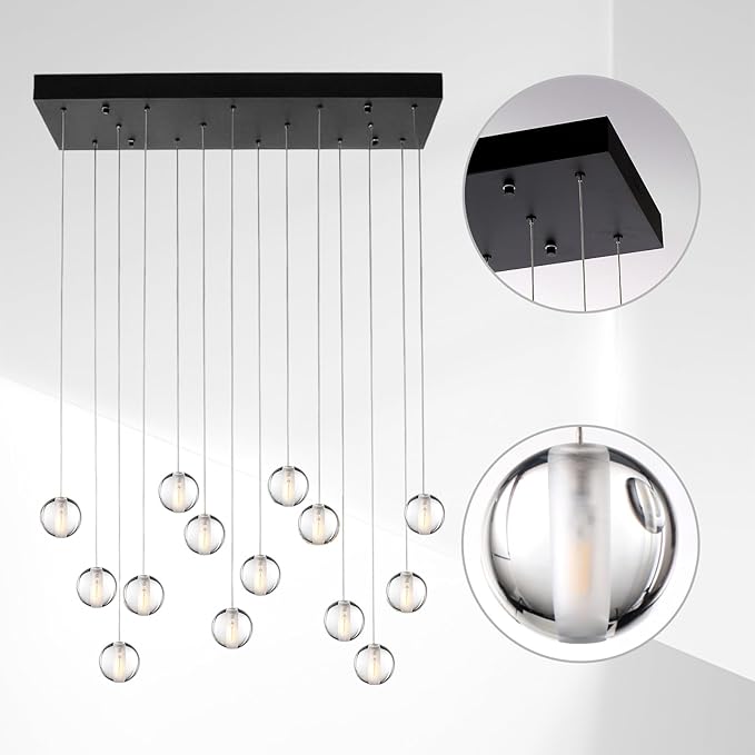 14 Lights Black Raindrop Rectangle Chandelier, Modern Bubble Crystal Chandelier for Dining Room, Large Pendant Light for High Ceilings Staircase Foyer Entryway Living Room Kitchen Island