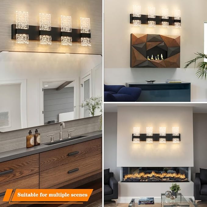 Modern Matte Black 4 Lights Bathroom Vanity Light, Eleglant LED Bathroom Light Fixtures Over Mirror, Dimmable Acrylic Shade Wall Lighting Fixtures, Hardwired Wall Light(H9.25in, L28.35in)