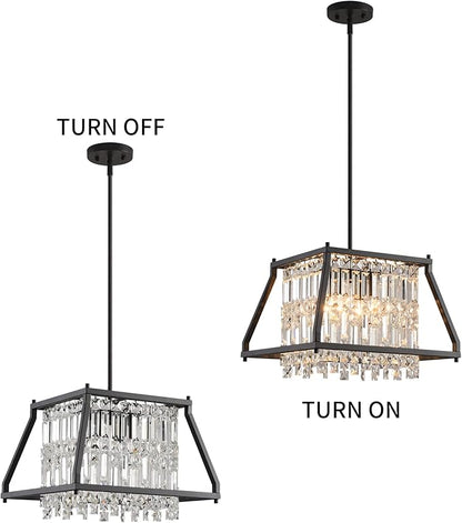 LMQNINE Farmhouse Chandelier - Black Metal Crystal Pendant Light for Kitchen, Dining, Living Room - Flat & Inclined Ceiling (Trapezoid -15.74in)