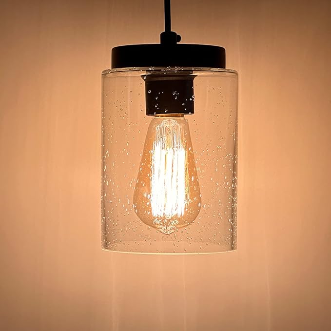 Industrial Mini Pendant Light Modern Bubble Seeded Glass Hanging Lighting Cylinder Adjustable Cord for Kitchen Island Dining Table Over Sink, Black, 1 Pack