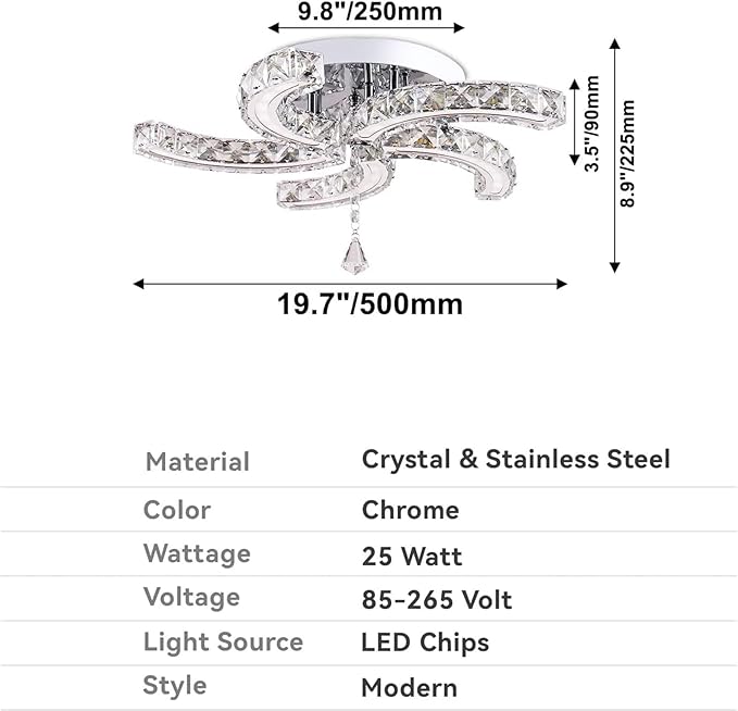 Finktonglan 19.7" Crystal Semi Flush Mount Ceiling Light, 5-Light LED Modern Chandelier, K9 Crystal & Acrylic, 25W, 6500K Cool White, Bedroom Living Room Dining Room Ceiling Lighting Fixture