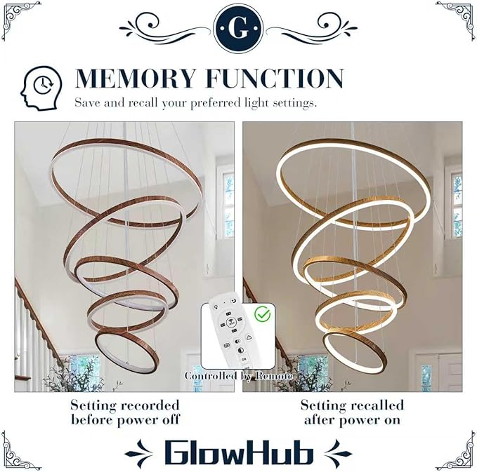 5 Ring LED Chandelier Wood Grain Finish Modern Round Chandelier Dimmable Foyer Pendant Light Fixture with Remote High Ceiling Hanging Chandelier for Dining Room Living Room Staircase, D24" 3000-6500K