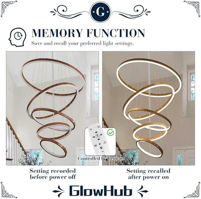 5 Ring LED Chandelier Wood Grain Finish Modern Round Chandelier Dimmable Foyer Pendant Light Fixture with Remote High Ceiling Hanging Chandelier for Dining Room Living Room Staircase, D24" 3000-6500K