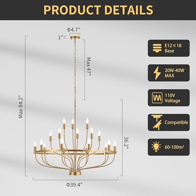 39.4" Modern Gold Chandelier Vintage 18-Lights Mid Century Modern Candle Style Chandeliers Light Fixture Large Rustic Golden Chandelier for Dining Room, Kitchen Island, Living Room, E12