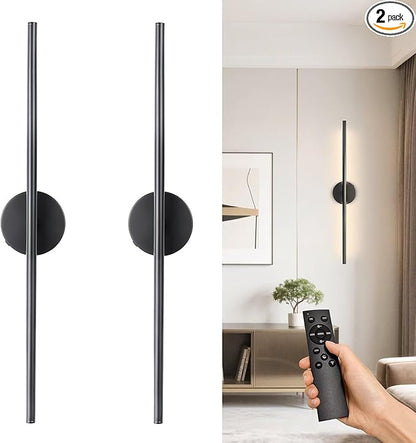 Rechargable Wall Sconce Set of Two, Modern Wireless USB Sconce Lights with Remote, 28.35Inch Dimmable Indoor Home Wall Decor Lights for Bedroom, Living Room, Hallway (Black/Round)