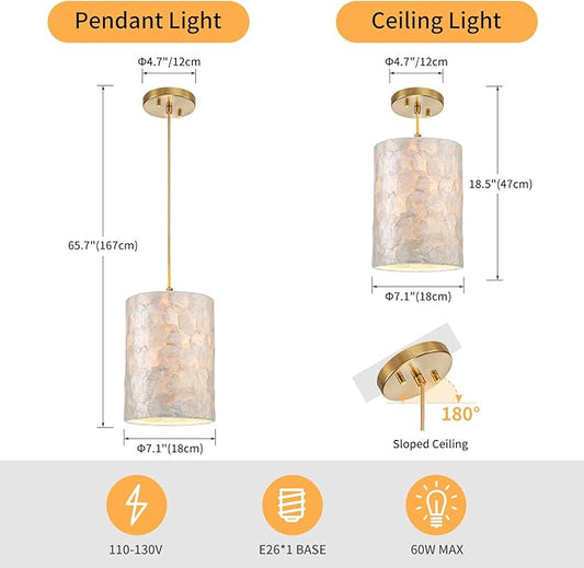 LumFurn D7inch 1-Light Capiz Shell Chandelier, Coastal Design Pendant Light Fixture for Dining Room, Living Room, Kitchen Island, D7 x H18~66"(Adjustable Height), Shell Lampshade & Gold Finish Frame