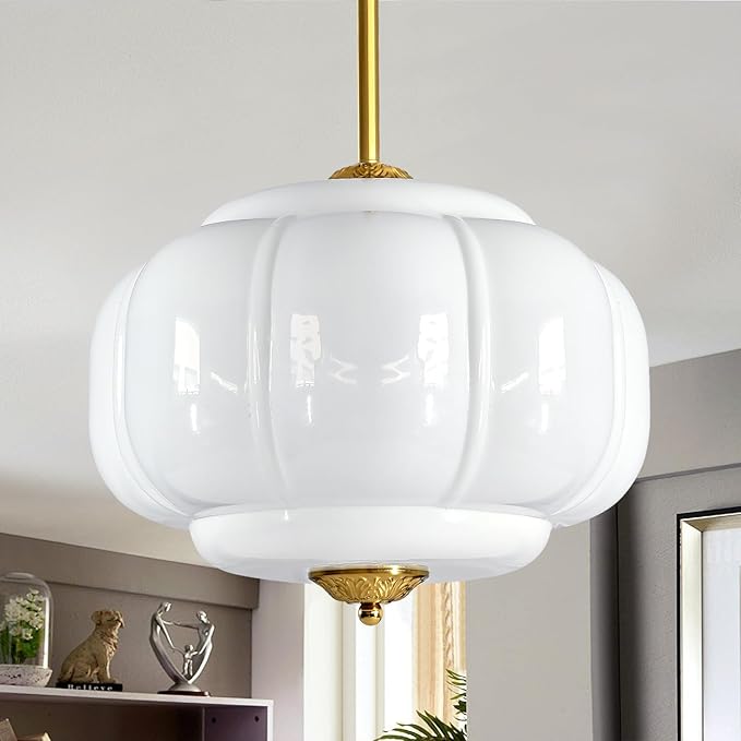 Milk Glass Pendant Light, 15 Inch White Handblown Shade with Antique Brass Hardware, Adjustable Hanging Rod Vintage Chandelier, Dimmable E26 Base Fixture for Kitchen Island, Dining Room, Livingroom
