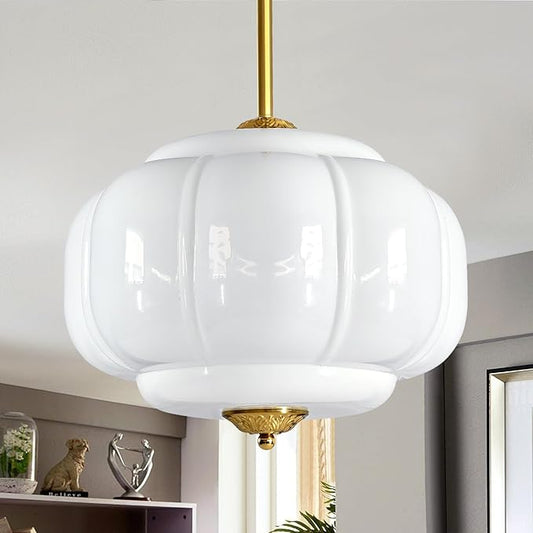 Milk Glass Pendant Light, 15 Inch White Handblown Shade with Antique Brass Hardware, Adjustable Hanging Rod Vintage Chandelier, Dimmable E26 Base Fixture for Kitchen Island, Dining Room, Livingroom