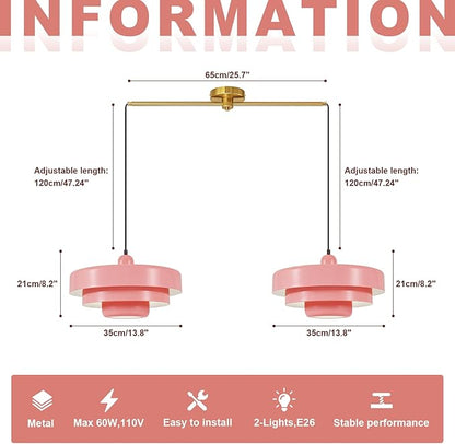 Pink 2-Light Pendant Light Industrial Chandelier, Vintage Adjustable Hanging Lights Modern Pendant Lamp for Kitchen Island, Dining Room, Bedroom, Entryway
