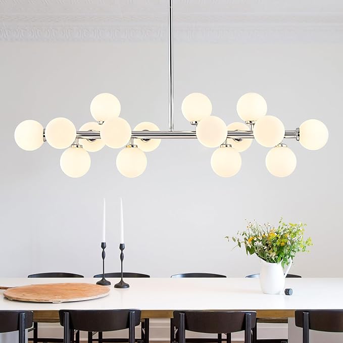 16-Light Globe Sputnik Chandelier, Mid Century Modern Light Fixture Over Table, Chrome Silver Linear Chandeliers for Dining Room and Kitchen Island (Milk White Glass Bubble Shades, 40 Inch)