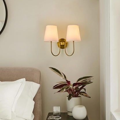 Hardwired White Fabric 2 Light Wall Sconce Double Headed Cloth Shade Fixture for Bedroom, Bathroom & Hallway (Direct Wire)