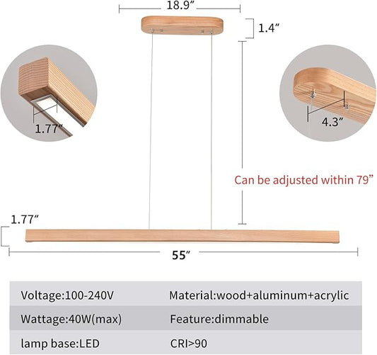 55" Wood Linear Pendant Modern Kitchen Island Light Fixture with Remote Solid Wooden Hanging Ceiling Light Chandeliers for Dining Room Kitchen Pendant Lighting Over Island Natural