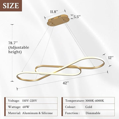 Modern LED Chandelier Gold Dimmable LED Pendant Light for Dining Room Light Fixture Over Table Modern Kitchen Island Lighting High Ceiling with Remote for Living Room(42 Inch, 3000K-6500K)