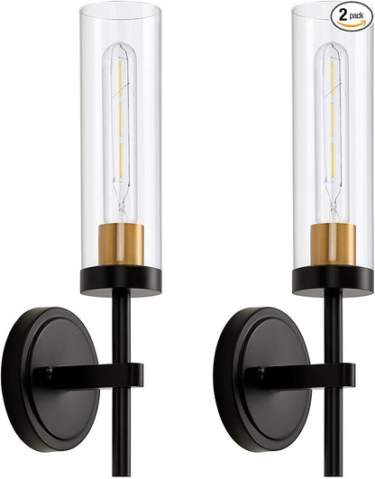 Hardwired Wall Sconces Set of Two, Black and Gold Bathroom Vanity Sconces Wall Lighting with Clear Glass Shade, Modern Farmhouse Wall Mount Lights for Mirror Bedroom Living Room Hallway Kitchen