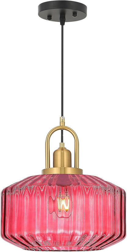 11.8in Mid Century Modern Wine Red Glass Pendant Light Fixture, Large Gold Kitchen Island Pendants Light Glass Ceiling Hanging Lamp for Foyer Dining Room Bedroom Entryway Hallway Over Sink