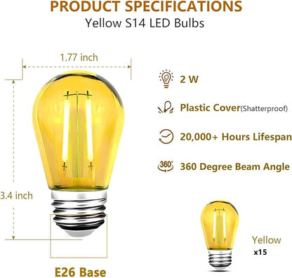 15 Pack S14 LED Yellow Light Bulbs, Shatterproof 2 Watt, Waterproof Decorative E26 Base Yellow Filament Edison Christmas Light Bulbs, 120V