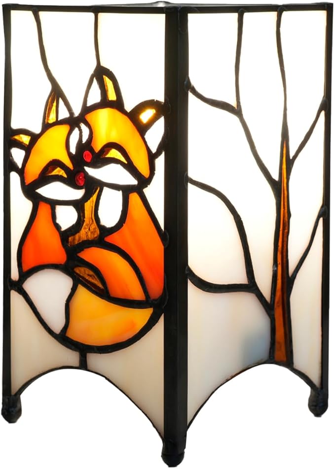 Tiffany Lamp Orange Stained Glass Table Lamp Small Foxes Animal Night Light Mini Retro Bedside Table Light for Home Decor Boys Girls Christmas Halloween Gifts