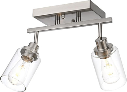 2 Light Track Lighting Kit Brushed Nickel Kitchen Track Lighting Fixtures Ceiling Mount Bathroom Vanity Wall Scones Light Fixture with Clear Glass, Rotatable Spotlight for Kitchen Shop Hallway