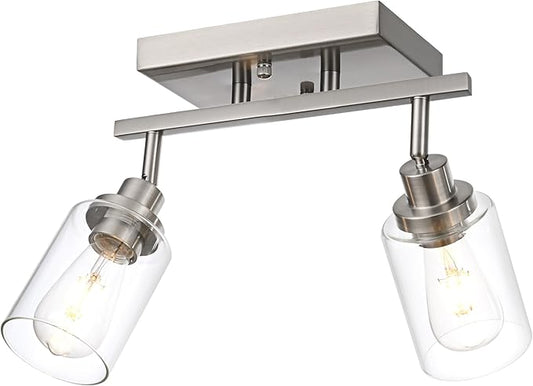 2 Light Track Lighting Kit Brushed Nickel Kitchen Track Lighting Fixtures Ceiling Mount Bathroom Vanity Wall Scones Light Fixture with Clear Glass, Rotatable Spotlight for Kitchen Shop Hallway