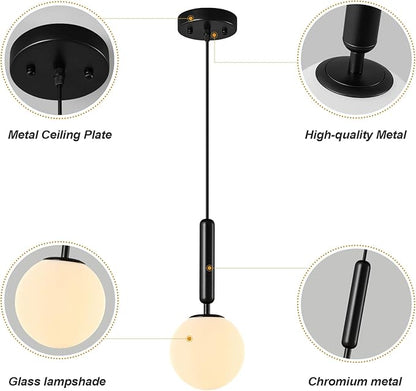 Modern Hanging Light Fixture Pendant Lighting for Kitchen Island Mid Century Black Pendant Lights with Globe Milky White Glass Pendant Light for Bedroom Bathroom Entryway (3 Pack)