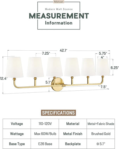 Bathroom Light Fixtures, 42 Inch Brushed Gold Vanity Lights with Flared White Fabric Shade, 6-Light Wall Sconce, Modern Sconces Wall Lighting for Hallway Bedroom, VL837-BG-6