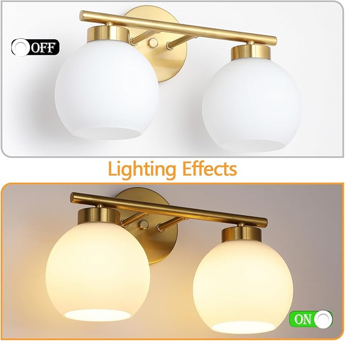 2 Light Bathroom Vanity Light, Gold Bathroom Light Fixtures Over Mirror, Mid Century Modern Wall Sconce with Frosted Globe Glass Shades, Brass Vanity Light, E26 Socket
