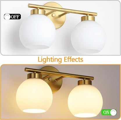 2 Light Bathroom Vanity Light, Gold Bathroom Light Fixtures Over Mirror, Mid Century Modern Wall Sconce with Frosted Globe Glass Shades, Brass Vanity Light, E26 Socket