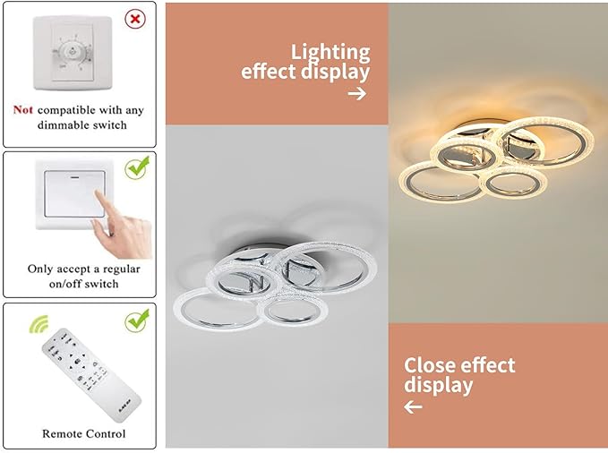 Garwarm Modern Ceiling Light 58W Dimmable Flush Mount LED Ceiling Lamp 4 Rings Acrylic Ceiling Chandelier for Living Room Dining Room Bedroom,Chrome