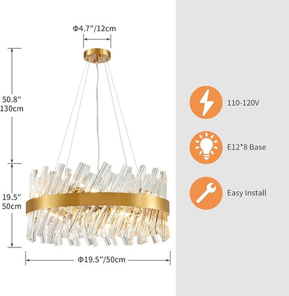Saint Mossi 19.5” Modern LED Chandeliers for Dining Room, 8-Light Hanging Pendant Lighting Fixture for Living Room, Kitchen Island, Clear Glass Tube with Gold Frame, D19xW19xH19