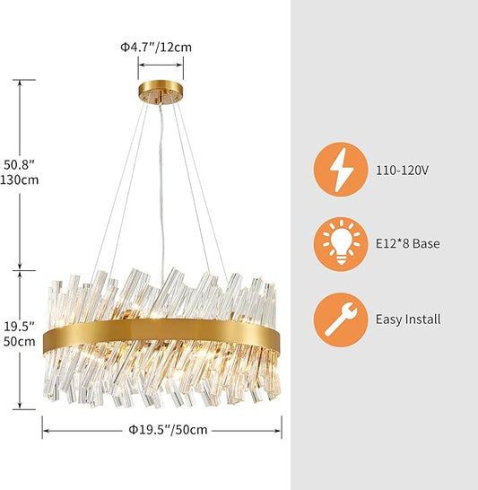 Saint Mossi 19.5” Modern LED Chandeliers for Dining Room, 8-Light Hanging Pendant Lighting Fixture for Living Room, Kitchen Island, Clear Glass Tube with Gold Frame, D19xW19xH19