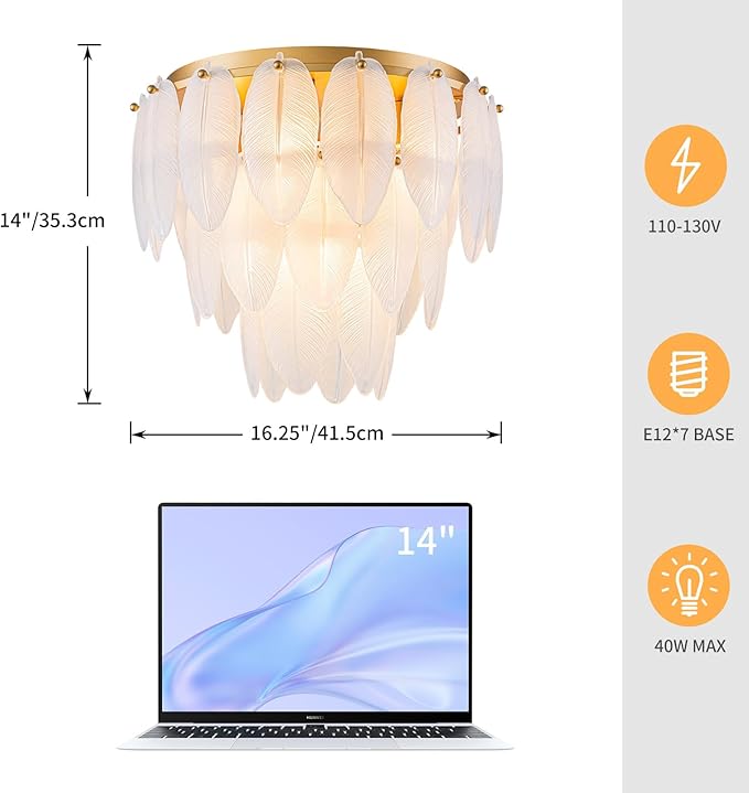 LumFurn D16 inch Modern Glass Chandeliers, 7-Light Elegant Flushmount Ceiling Light Fixture for Dining Room, Living Room & Bedroom, D16 x H14inch, Frosted Feather Glass Shade & Gold Finish Frame