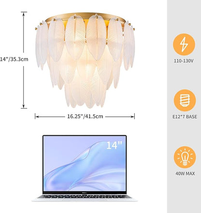LumFurn D16 inch Modern Glass Chandeliers, 7-Light Elegant Flushmount Ceiling Light Fixture for Dining Room, Living Room & Bedroom, D16 x H14inch, Frosted Feather Glass Shade & Gold Finish Frame