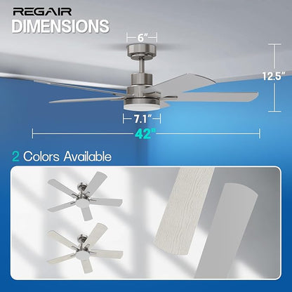 Ceiling Fan with Light 42-Inch, Remote Control Reversible DC Motors, 3CCT Dimmable Timer Noiseless, Nickel Ceiling Fan for Bedroom Living Room, Indoor&Outdoor ETL Listed
