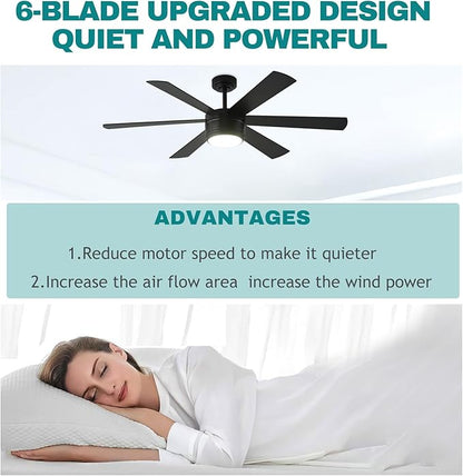 SHOWDI Ceiling Fan with Lights and Remote, 6 Blade App Control Timer Reversible Stepless Brightness and Color Temperature Outdoor Wood Ceiling Fan with Lights (Black, 56 Inch)