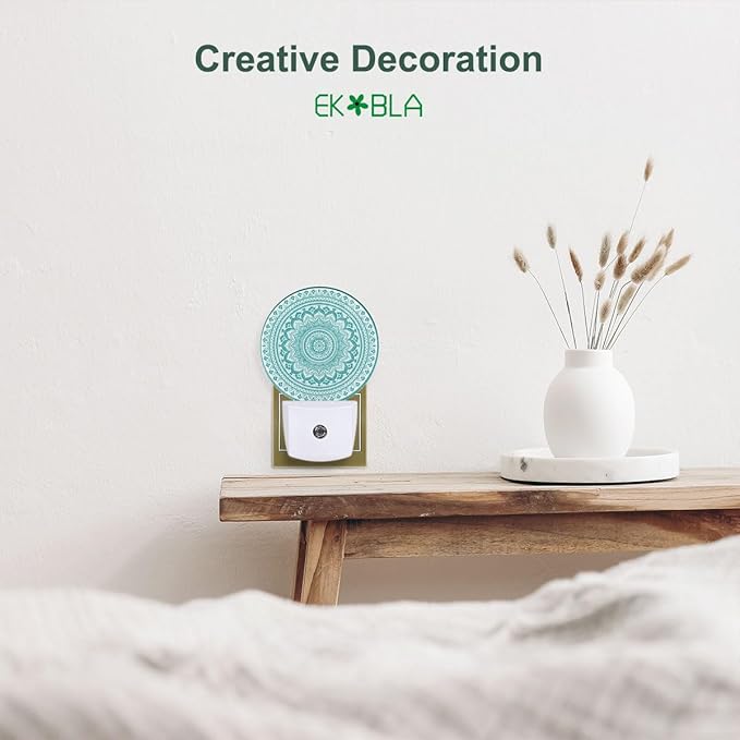 EKOBLA Mandala Plug-in Night Light, Teal Green Floral Mandala LED Nightlight with Dusk to Dawn Sensor for Kids, Adults & Grandparents