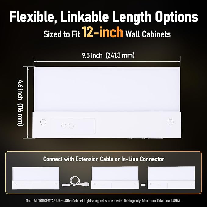 TORCHSTAR Ultra-Slim LED Under Cabinet Lighting Fits 12 Inch Cabinets, 5CCT 8W 600LM, Hardwired & Plug-in, 120V CRI90 Linkable Dimmable Thin Under Counter Lights for Kitchen, ETL T24, Pack of 2