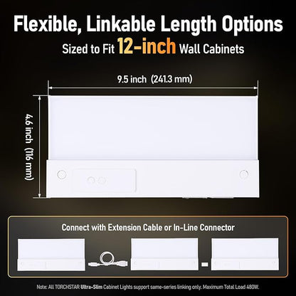 TORCHSTAR Ultra-Slim LED Under Cabinet Lighting Fits 12 Inch Cabinets, 5CCT 8W 600LM, Hardwired & Plug-in, 120V CRI90 Linkable Dimmable Thin Under Counter Lights for Kitchen, ETL T24