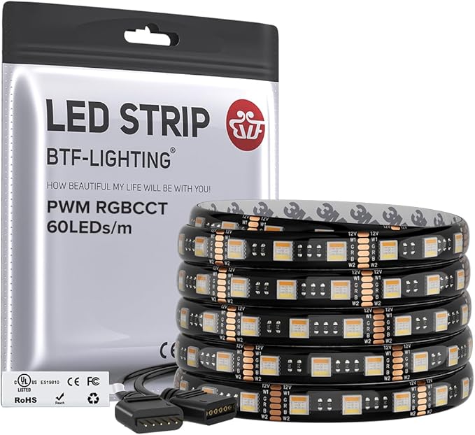 BTF-LIGHTING RGBCCT 5 Colors in 1 LED 5050SMD RGBWW RGB+Dimmable Tunable Color Temperature UL Listed 2700K-6500K 16.4ft 60LED/m 300LED DC12V Multi-Colored IP65 for Decoration(No Adapter or Controller)