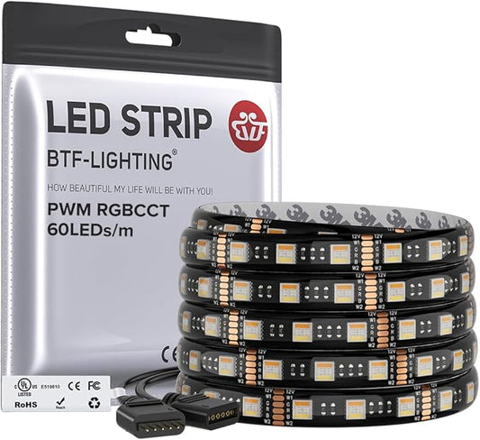 BTF-LIGHTING RGBCCT 5 Colors in 1 LED 5050SMD RGBWW RGB+Dimmable Tunable Color Temperature UL Listed 2700K-6500K 16.4ft 60LED/m 300LED DC12V Multi-Colored IP65 for Decoration(No Adapter or Controller)
