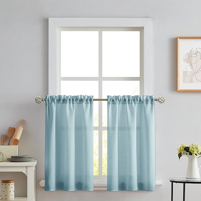 Melodieux Blue Semi Sheer Tier Curtains 36 Inch Length for Kitchen Cafe Bedroom Small Windows, Linen Look Rod Pocket Short Curtain Tiers Voile Drapes, 2 Panels