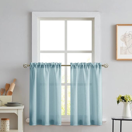 Melodieux Blue Semi Sheer Tier Curtains 36 Inch Length for Kitchen Cafe Bedroom Small Windows, Linen Look Rod Pocket Short Curtain Tiers Voile Drapes, 2 Panels