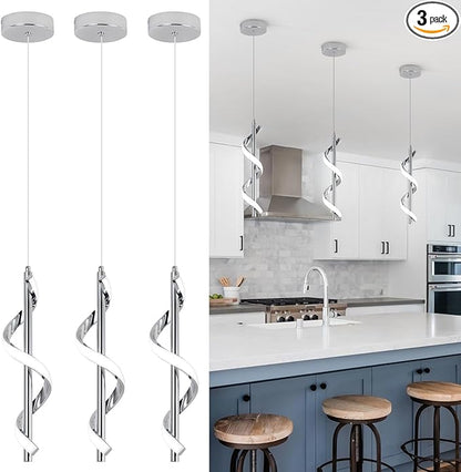 CANEOE 3 Packs Modern Spiral Led Pendant Light Fixture, Cold White 5500K Kitchen Island Pendant Lamp, Adjustable Hanging Light Fixture for Bedroom Living Room Kitchen Sink (Chrome)