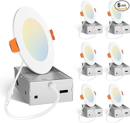 Amico 6 Pack 4 Inch 5CCT Ultra-Thin LED Recessed Ceiling Light with Junction Box, 2700K/3000K/3500K/4000K/5000K Selectable, 11W Eqv 70W 800LM Brightness Dimmable Canless Wafer Downlight, ETL & FCC
