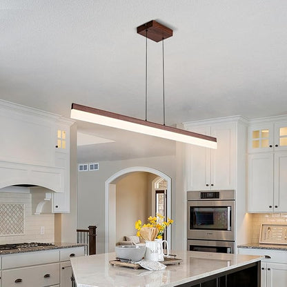39" Modern Linear Pendant Light Dimmable LED Ceiling Hanging Light Fixtures Woodgrain Linear Chandelier with Adjustable Height for Kitchen Island Dining Room 3000K