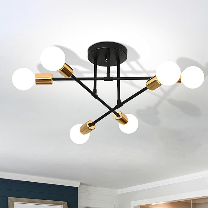 SPOLI Sputnik Ceiling Light Fixture, Dining Room Chandelier, Modern 6-Light Black and Gold Industrial Pendant Semi Flush Mount for Kitchen Living Bedroom, E26 Base, Bulbs Not Included