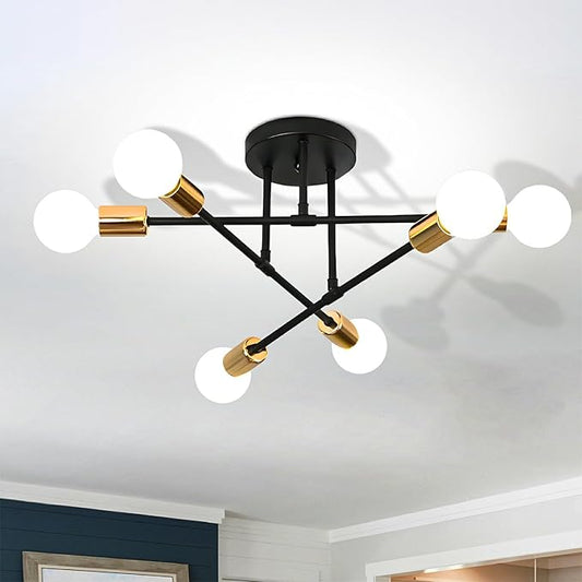 SPOLI Sputnik Ceiling Light Fixture, Dining Room Chandelier, Modern 6-Light Black and Gold Industrial Pendant Semi Flush Mount for Kitchen Living Bedroom, E26 Base, Bulbs Not Included
