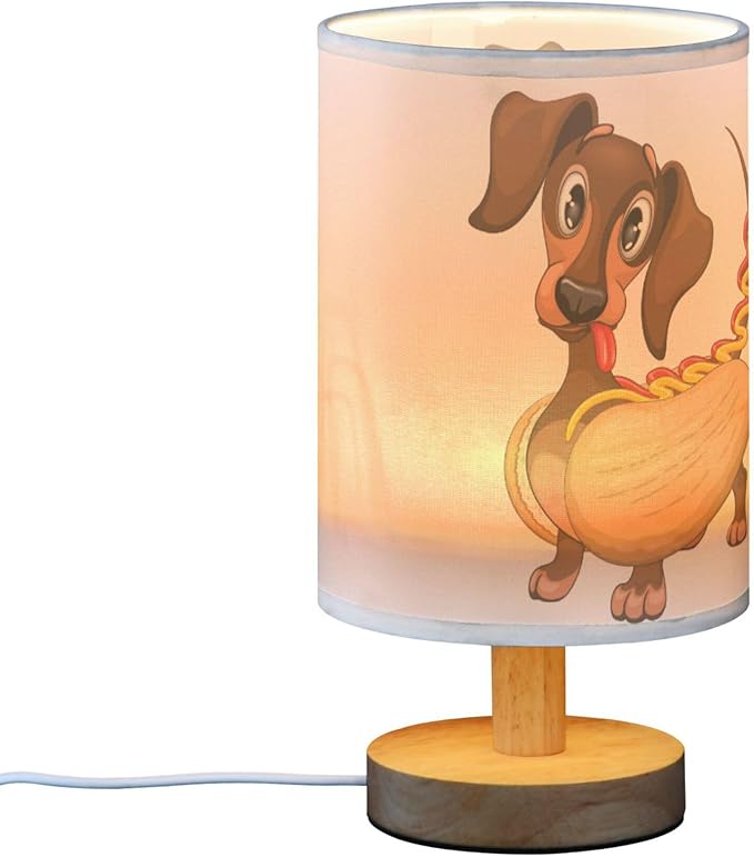 Table Lamp Dachshund Hot Dog Nightstand Lamp with Wood Base Fabric Lamp Shade Bedside Desk Lamp for Living Room Bedroom Kids Room Office