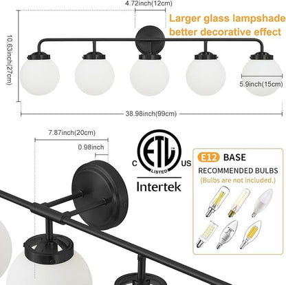 Bathroom Light Fixtures Over Mirror, 5-Light Matte Black Vanity Lighting with Milk White Glass Globe Shades Modern Wall Sconce