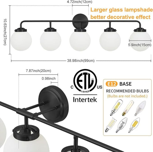 Bathroom Light Fixtures Over Mirror, 5-Light Matte Black Vanity Lighting with Milk White Glass Globe Shades Modern Wall Sconce