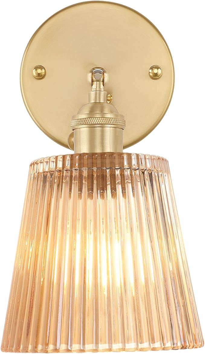Shenmoyl Vintage Wall Sconces with Amber Stripe Glass Lampshade 180 Degree Adjustable Brass Sconces Hradwired Modern Wall Lighting Fixture with Switch for Bedside Bedroom Doorway